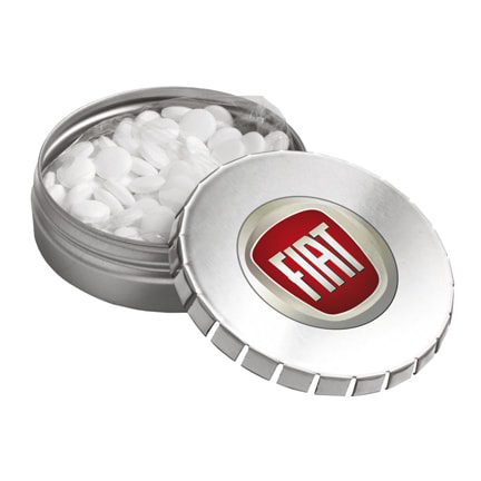 Groot rond pepermuntblik met logo