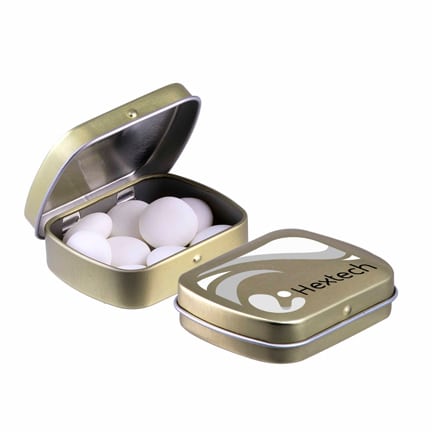 Bedrukt scharnierblikje Mentos als give-away