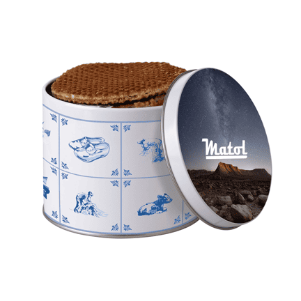 Delftsblauw stroopwafel blik met logo