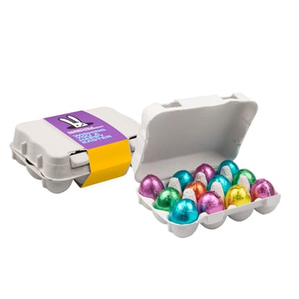 Bedrukt eierdoosje met 12 chocolade eitjes
