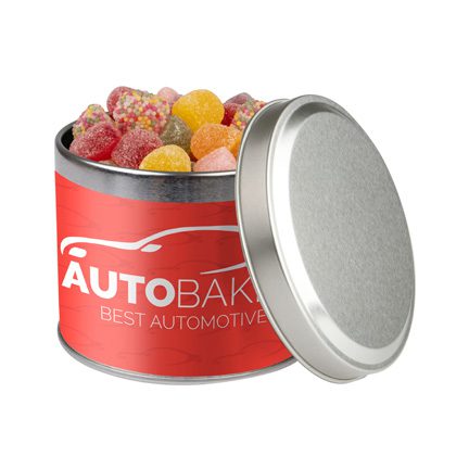 Zilver snoepblik met logowikkel