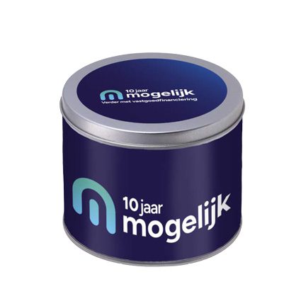 Zilverkleurig stroopwafelblik met logowikkel